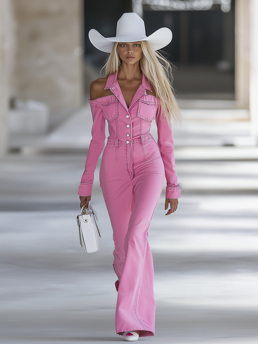 Fashionable Personalized Lapel Pink Denim Off-the-shoulder Long-sleeved Flared Jumpsuit