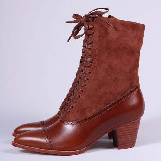 Faux Leather & Vegan Suede Brown Block Heel Pointed Toe Lace-Up Boots