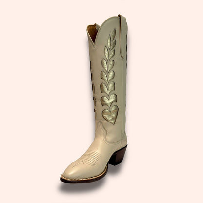 Beige & Gold Heart Inlay Round Toe Chunky Heel Knee-High Cowgirl Boots