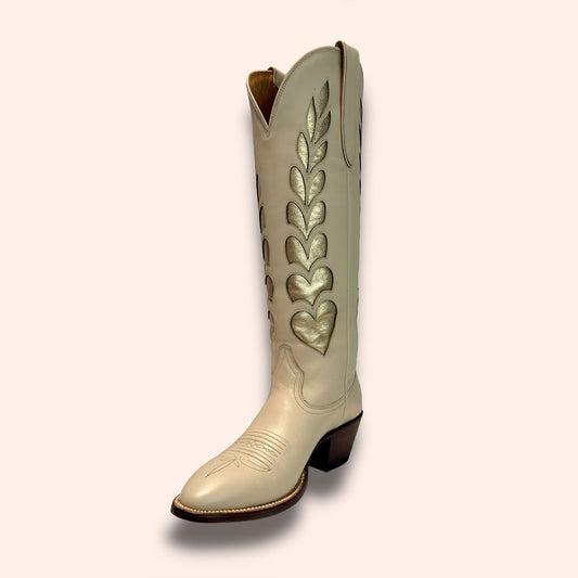 Beige & Gold Heart Inlay Round Toe Chunky Heel Knee-High Cowgirl Boots