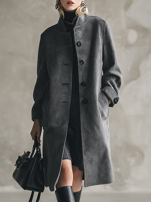 Elegant Dark Grey Stand Collar Button Wool Coat