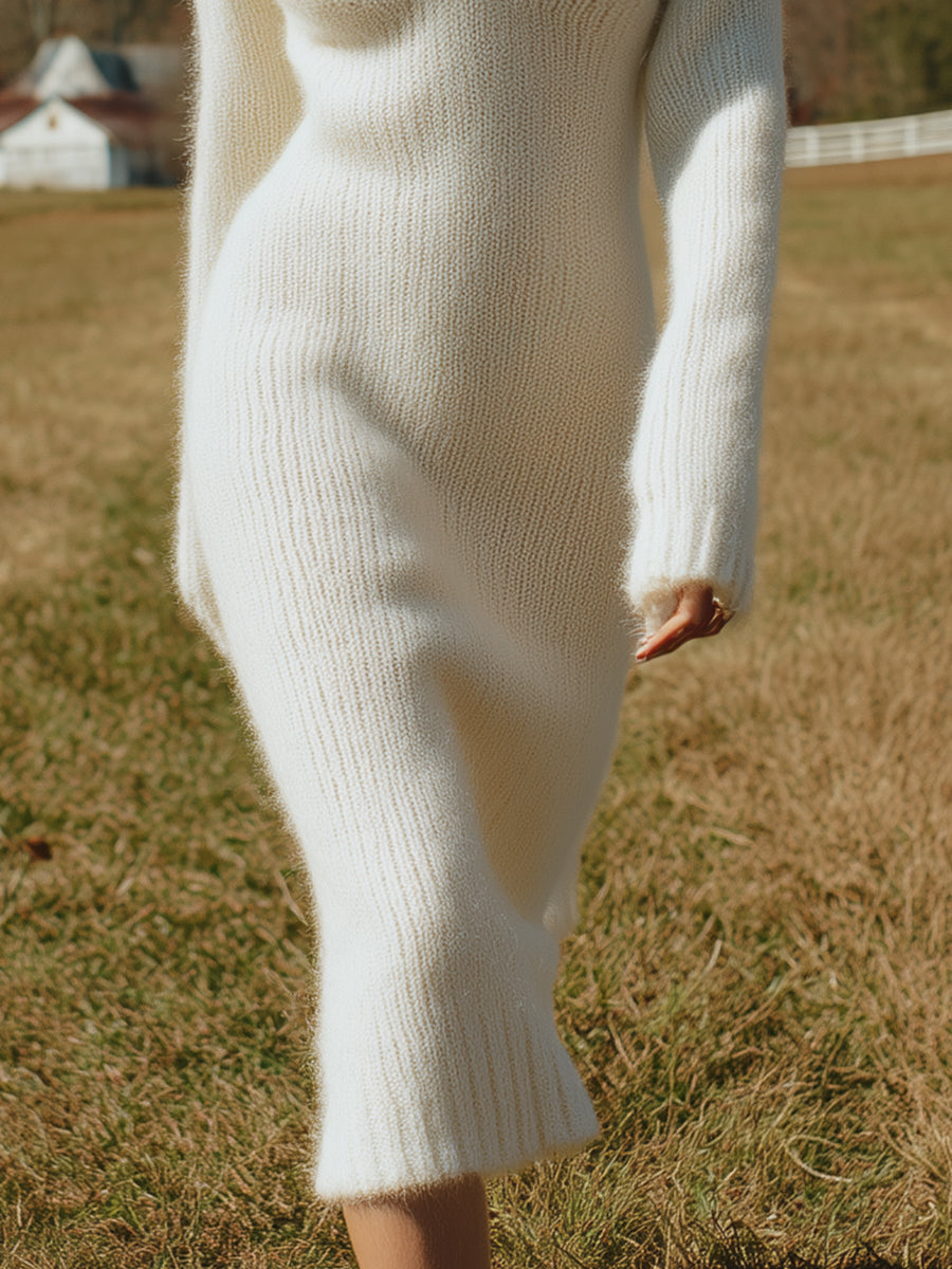 Elegant And Fashionable White Knitted Hooded Midi Dress