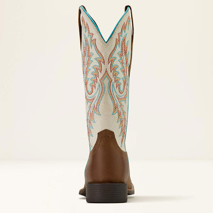 Beige & Brown Round Toe Embroidered Mid-Calf Western Cowgirl Boots