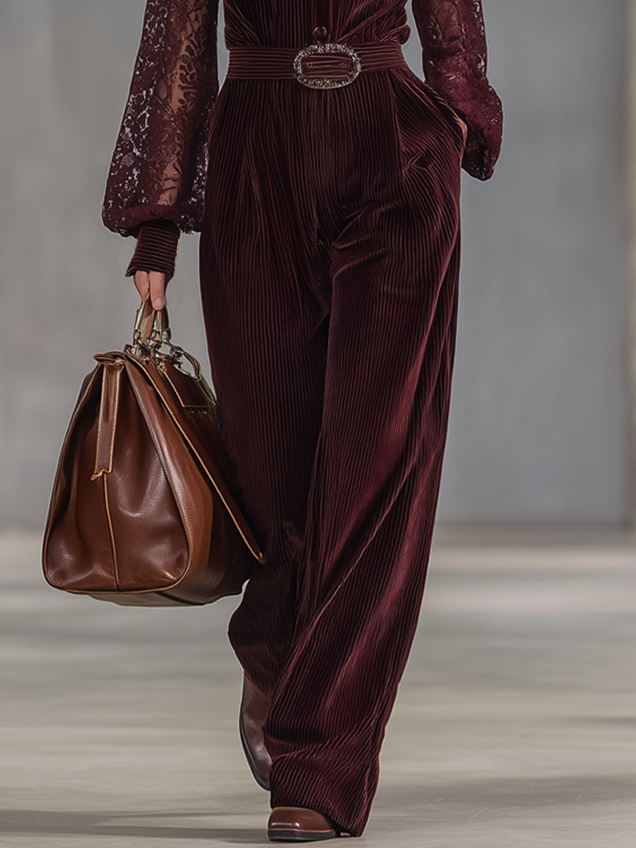 Fashion Retro Wine Red Corduroy Lace Long Sleeve Wide Leg Jumpsuit