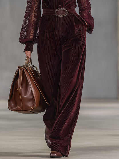 Fashion Retro Wine Red Corduroy Lace Long Sleeve Wide Leg Jumpsuit