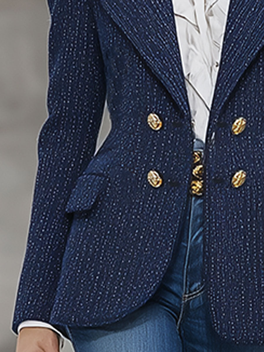 Fashion Vintage Blue Double-Breasted Tweed Blazer