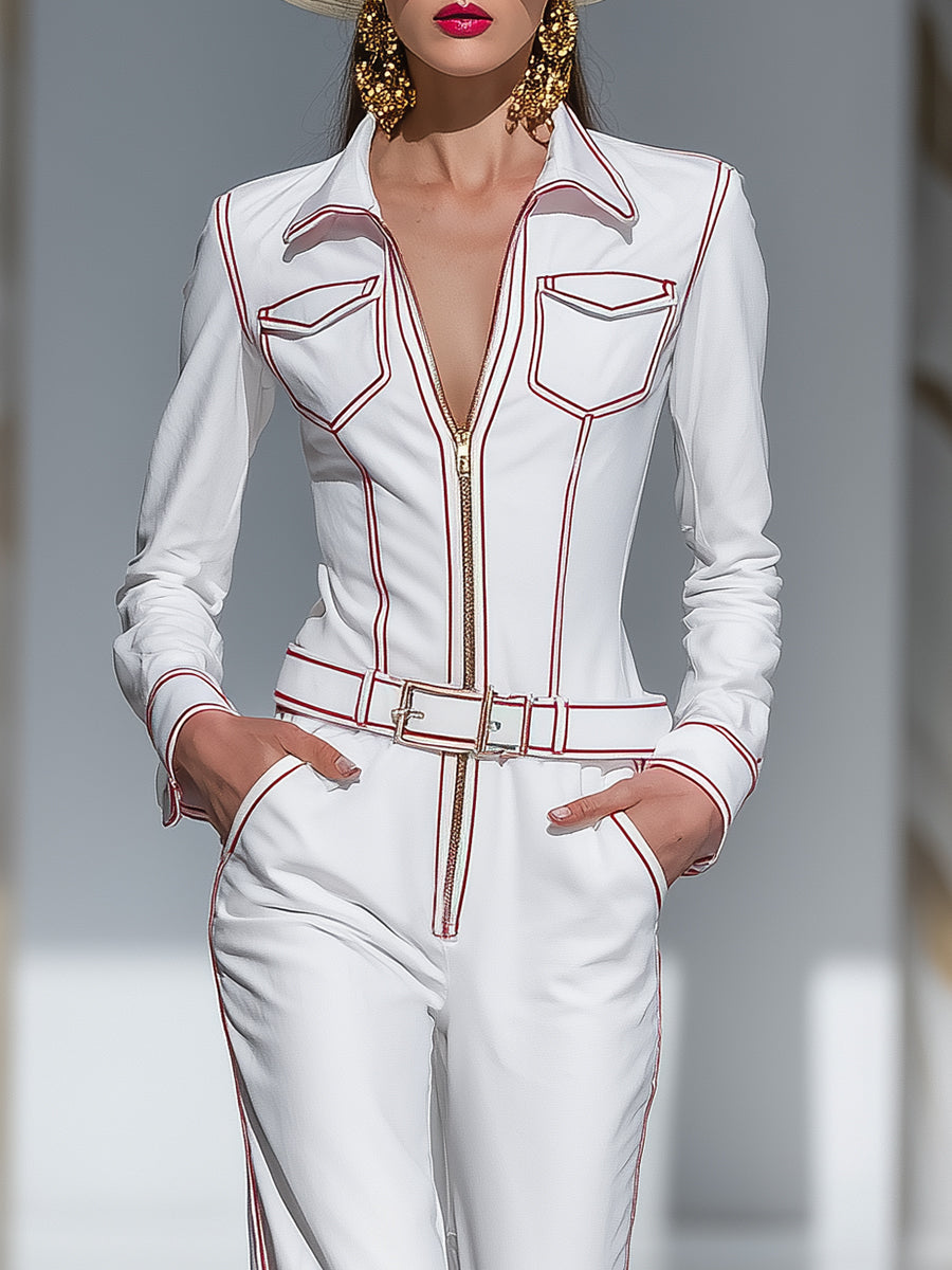 Fashionable And Capable Red Topstitched White Wide-leg Jumpsuit