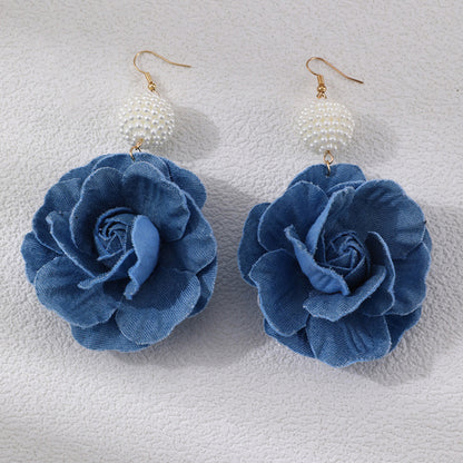 Elegant Camellia Shaped Cloth Beaded Dangle Earrings