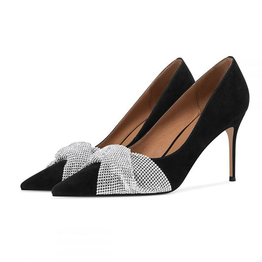 Elegant Black Vegan Suede Rhinestone Twist Strap Decor Pumps Heels
