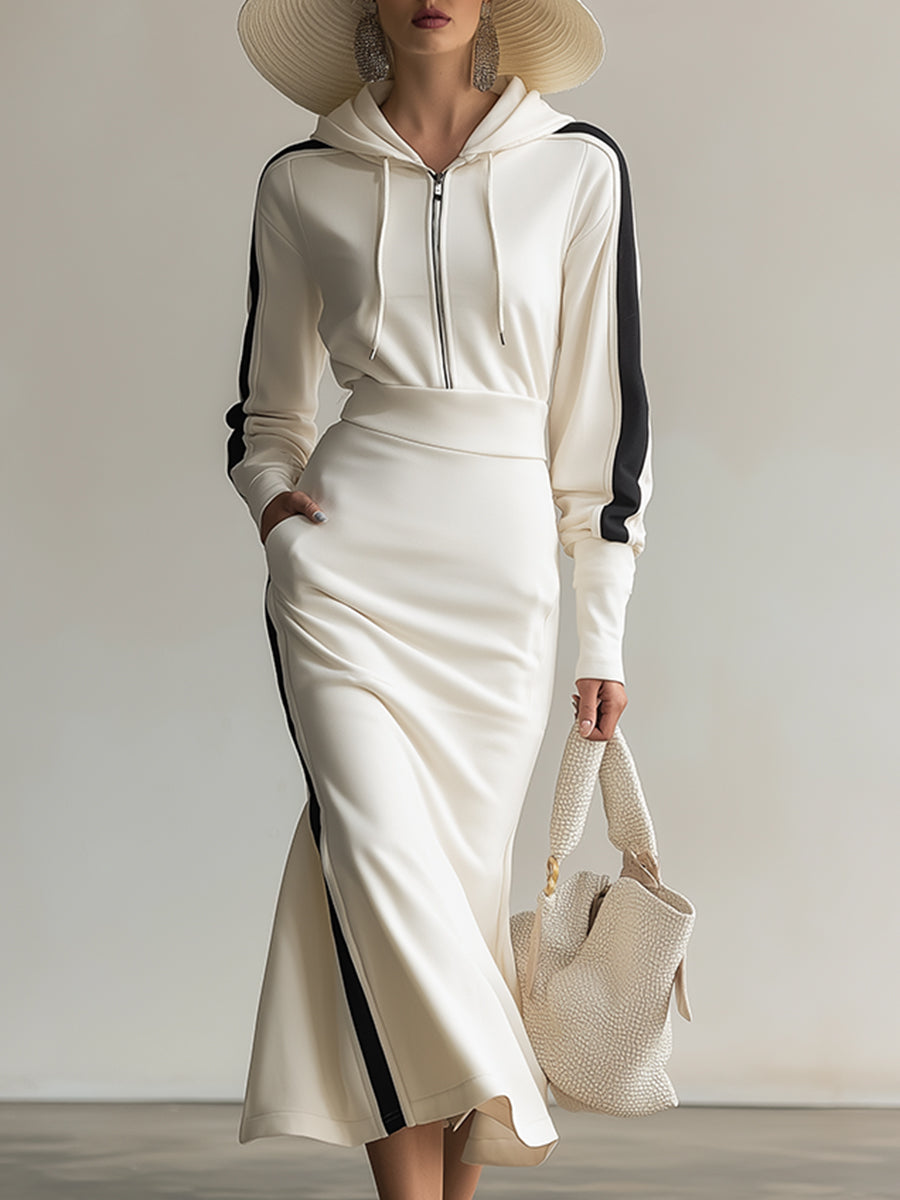 Elegant And Casual White Hooded Front Zipper Black Striped Sweatshirt Long Sleeve Maxi Dress