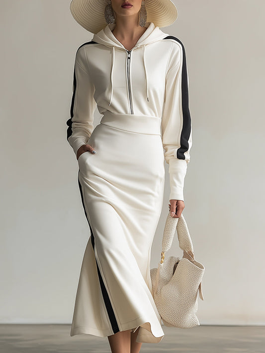 Elegant And Casual White Hooded Front Zipper Black Striped Sweatshirt Long Sleeve Maxi Dress