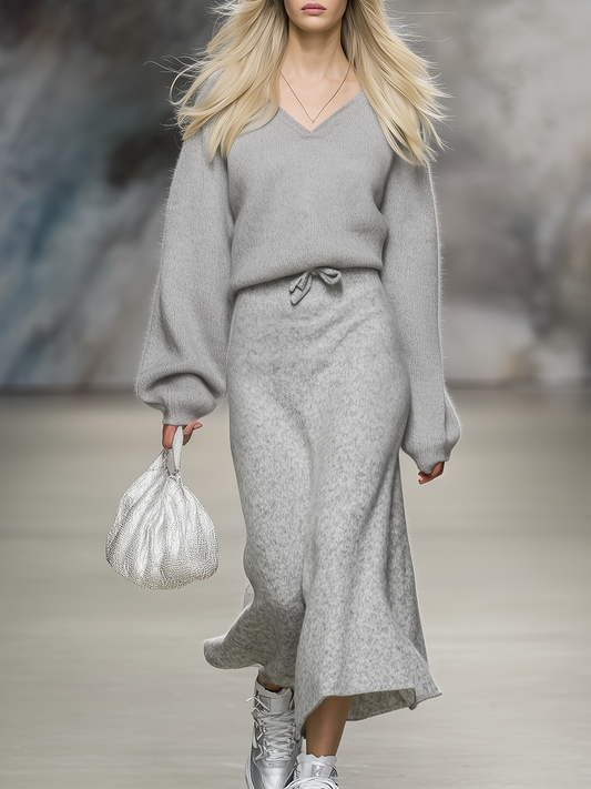 Elegant V-neck Long-sleeved Sweater And Knitted Skirt Set