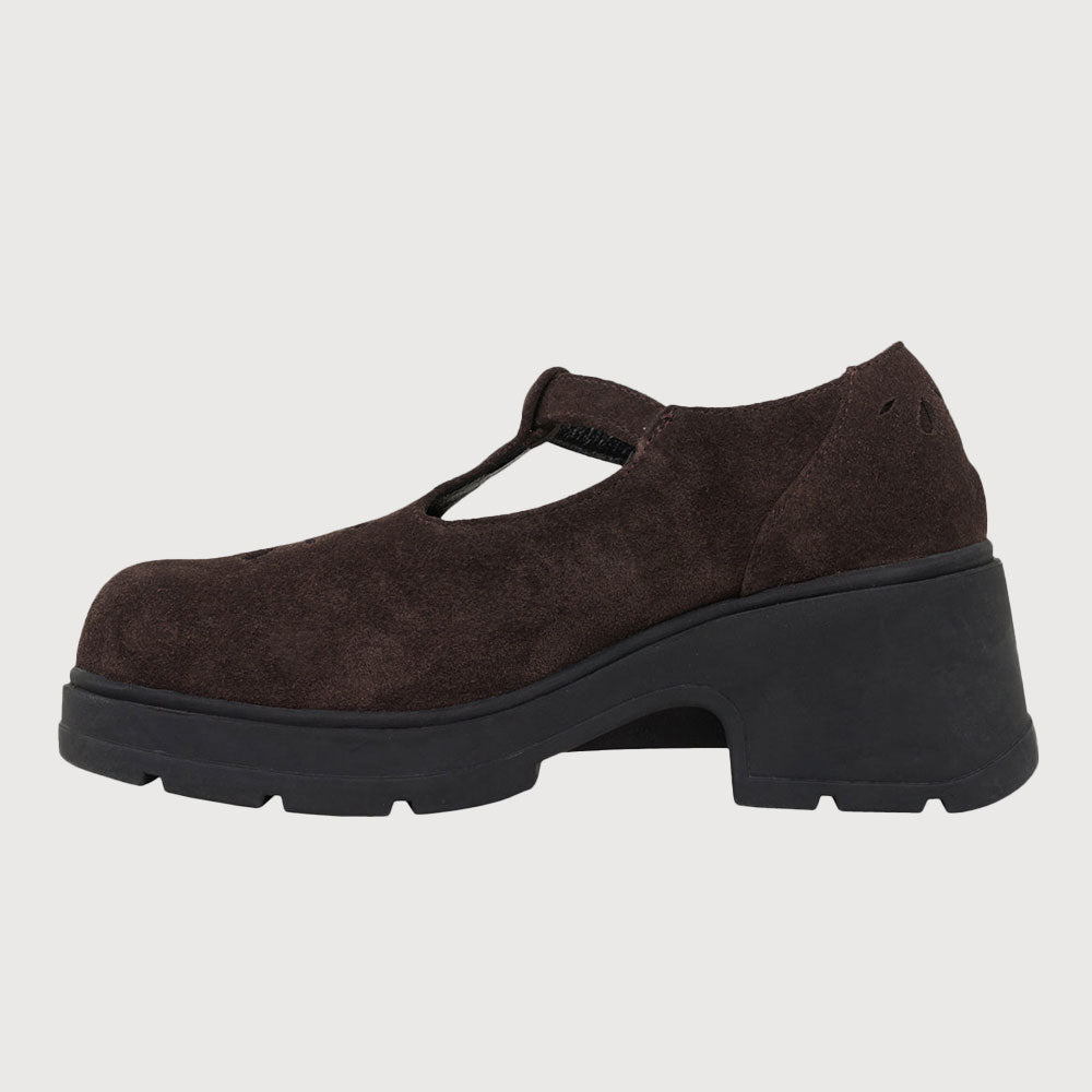 Dark Brown Vegan Suede Cut-Out Platform Chunky Heeled Mary Janes