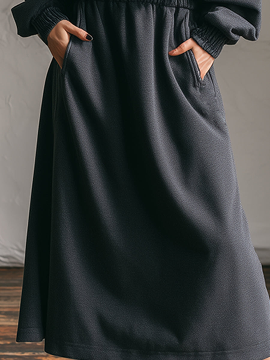Fashion Casual Denim Collar Dark Grey Half-zip Sweatshirt Sports Maxi Dress