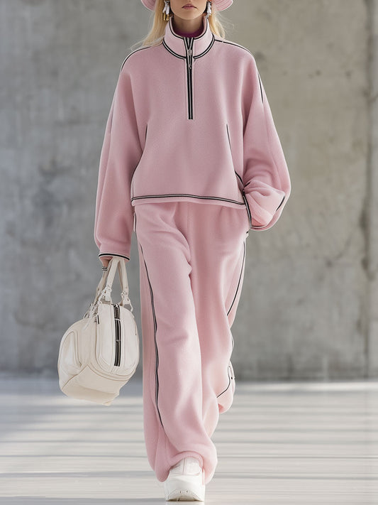 Fashionable And Casual Pink Half-Zip Top And Wide-Leg Pants Knitted Set