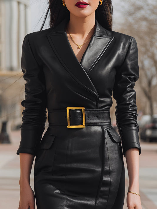 Faux Leather Belted Blazer Dress