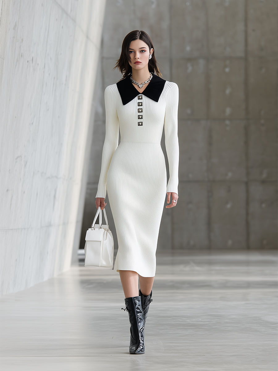 White Knitted Patchwork Black And Silver Decorated Midi Dress