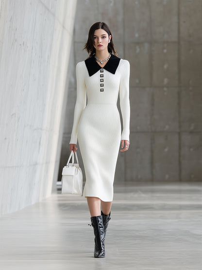 White Knitted Patchwork Black And Silver Decorated Midi Dress