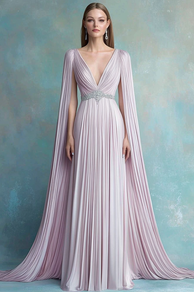 Evening Formal Dress Purple V Neck Pleated Floor-Length Dress