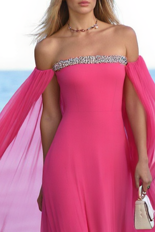 Formal Evening Cape Dress Rose Strapless Mesh Floor-Length Dress