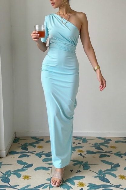 Going Out Party Dress Blue One Shoulder Maxi Dress