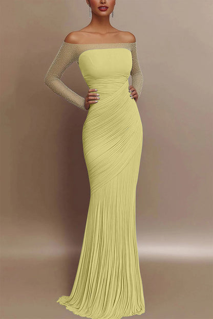 Evening Prom Gown Off Shoulder Glitter Pleated Light Blue Maxi Dress