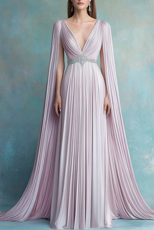 Evening Formal Dress Purple V Neck Pleated Floor-Length Dress