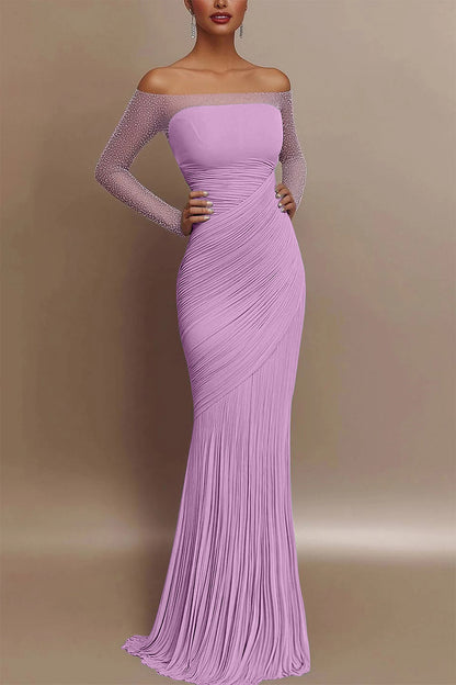 Evening Prom Gown Off Shoulder Glitter Pleated Light Blue Maxi Dress
