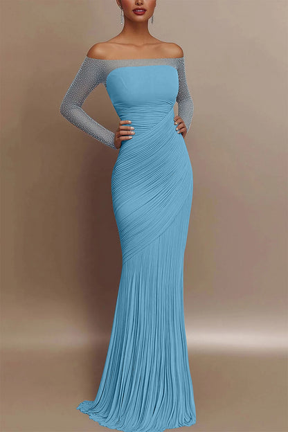 Evening Prom Gown Off Shoulder Glitter Pleated Light Blue Maxi Dress