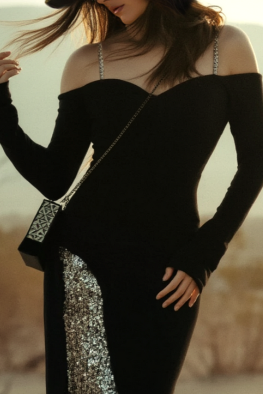 Evening Sequin Dress Black Off Shoulder Floor-Length Dress