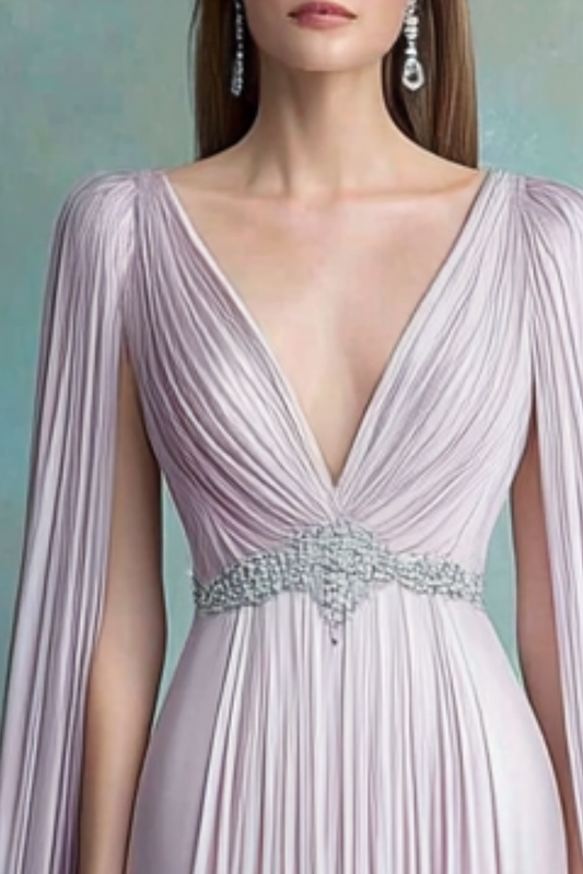 Evening Formal Dress Purple V Neck Pleated Floor-Length Dress