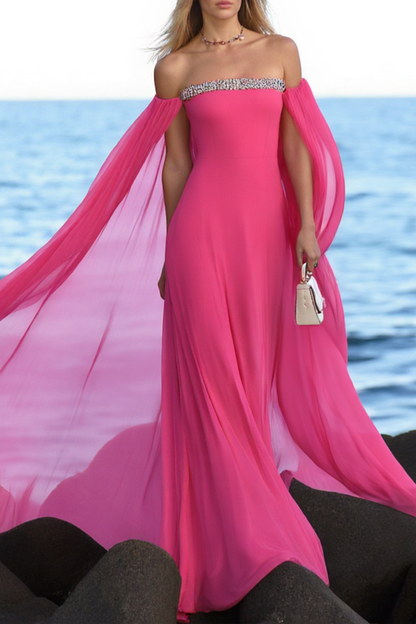 Formal Evening Cape Dress Rose Strapless Mesh Floor-Length Dress
