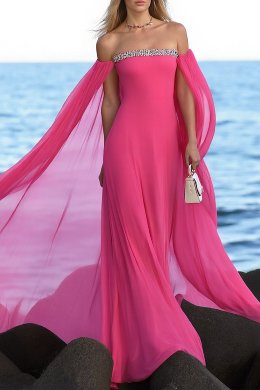 Formal Evening Cape Dress Rose Strapless Mesh Floor-Length Dress