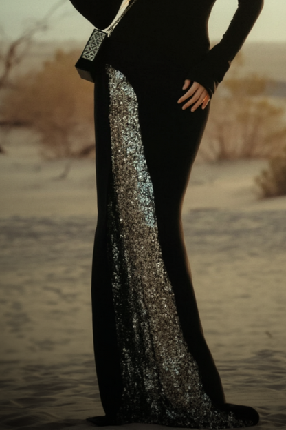 Evening Sequin Dress Black Off Shoulder Floor-Length Dress