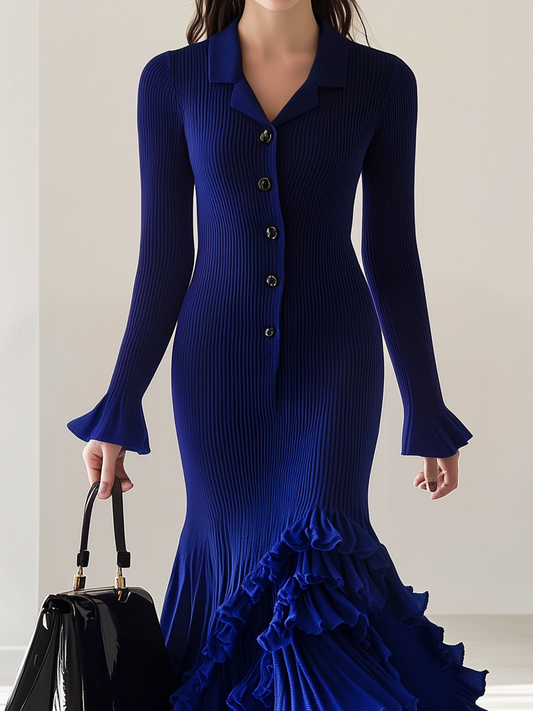 Elegant Royal Blue Knitted Dress With Ruffle Hem Design