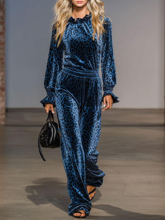 Fashion Royal Blue Velvet Leopard Print Round Neck Ruffled Wide-Leg Jumpsuit