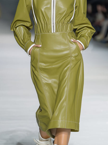Fashionable Sports Green Faux Leather Hooded Midi Dress