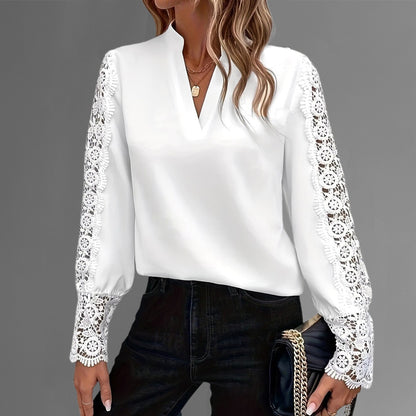 Elegant Stand Collar V Neck Guipure Lace Long Sleeve Blouse