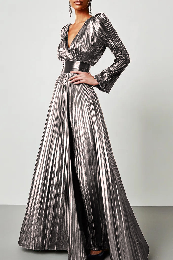 Evening Formal Dress Metallic Brown V-Neck Long Sleeve Pleated Maxi Dress