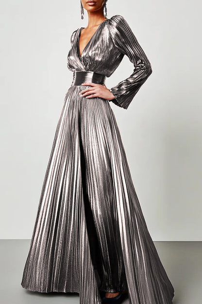 Evening Formal Dress Metallic Brown V-Neck Long Sleeve Pleated Maxi Dress