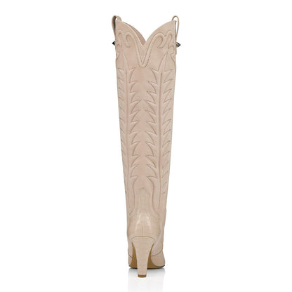 Beige Croc Embossed Cone Heel Embroidered Cowboy Boots for Women
