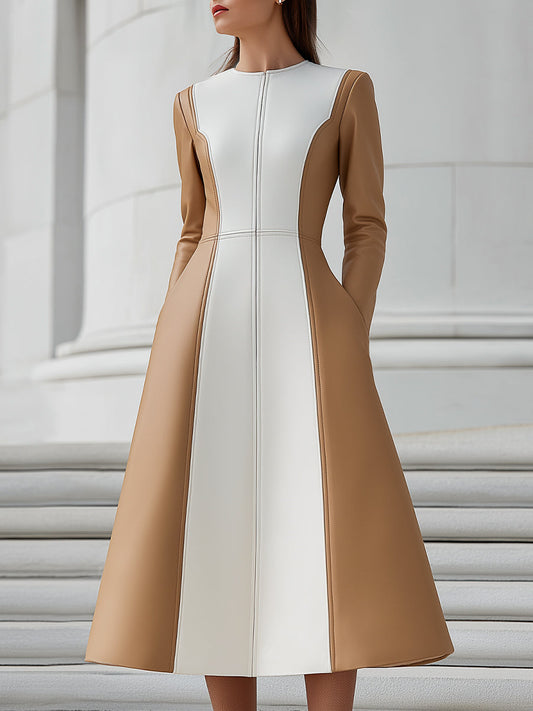 Faux Leather Colorblock Long-Sleeve Midi Dress