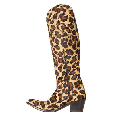 Embroidered Calf Hair Cheetah Pattern Brown Western Boots for Women
