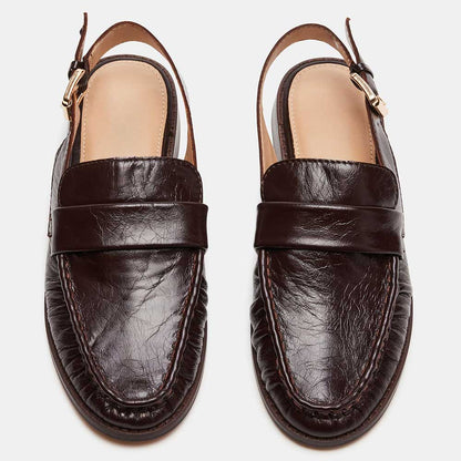 Dark Brown Vegan Leather Round Toe Flat Buckled Loafer Slingbacks