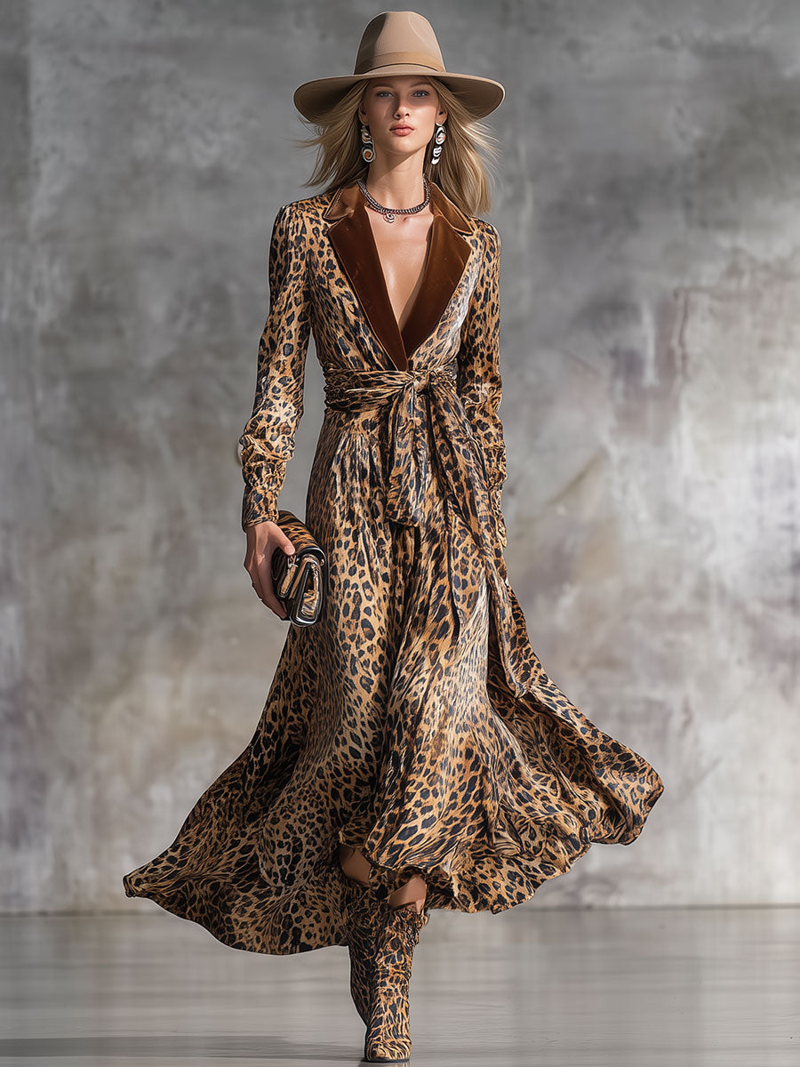 Fashion Retro Leopard Print Lapel Velvet Midi Dress