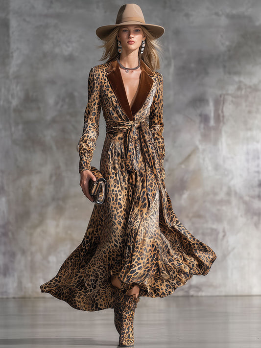 Fashion Retro Leopard Print Lapel Velvet Midi Dress