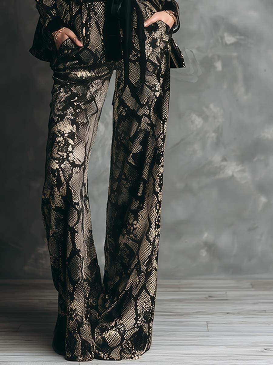 Elegant And Luxurious Gold Snake Print Black Velvet Suit Wide-leg Pants Set