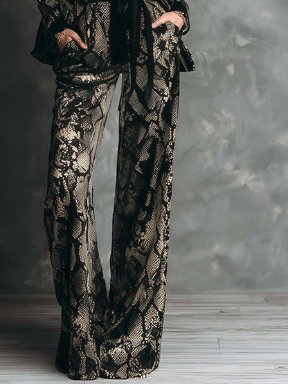 Elegant And Luxurious Gold Snake Print Black Velvet Suit Wide-leg Pants Set