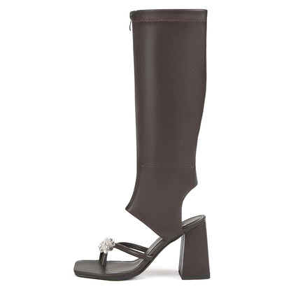 Dark Brown Square Toe Block Heel Sandals Summer Boots with Rhinestone
