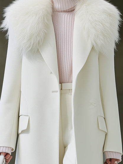White Collar Splicing Eco-friendly Wool Long Coat